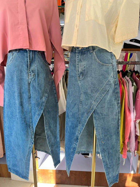 Summer Sexy Side Slit Mid Length High Waist Denim Skirts